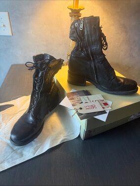 A.S.98 Black Leather Lace-Up Ankle Boots